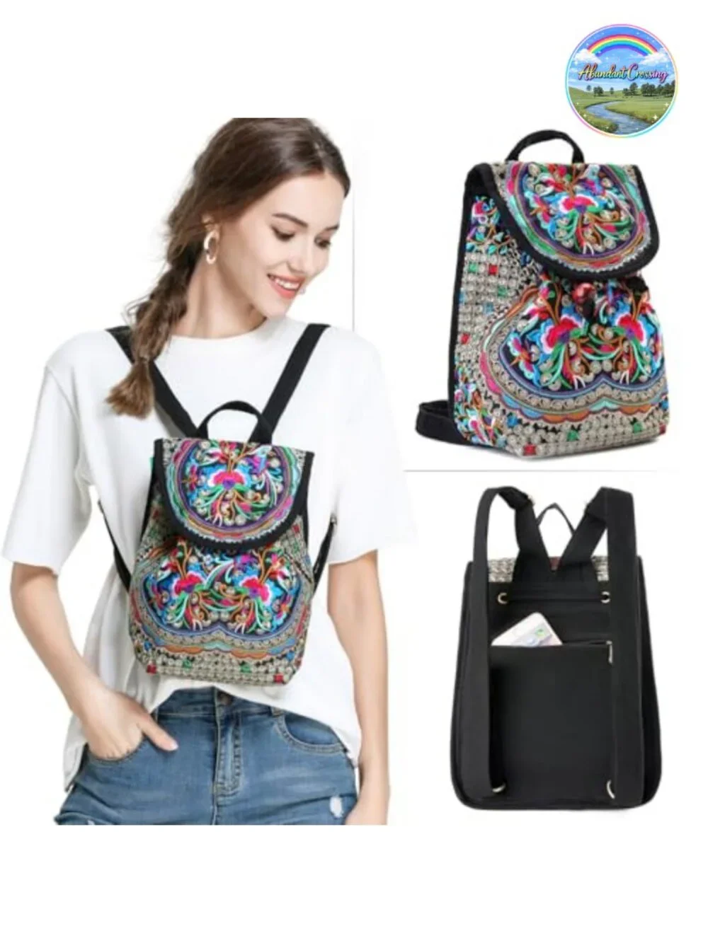 Floral Embroidered Canvas Backpack Purse Women Boho Mini Backpack Travel Casual